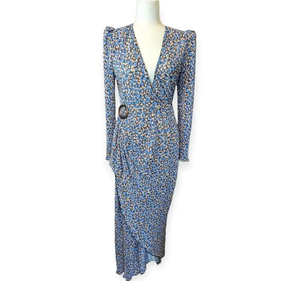 Saylor Ditsy Floral Midi Dress Blue Deep V-Neck High Slit Long Sleeves - Picture 13 of 14